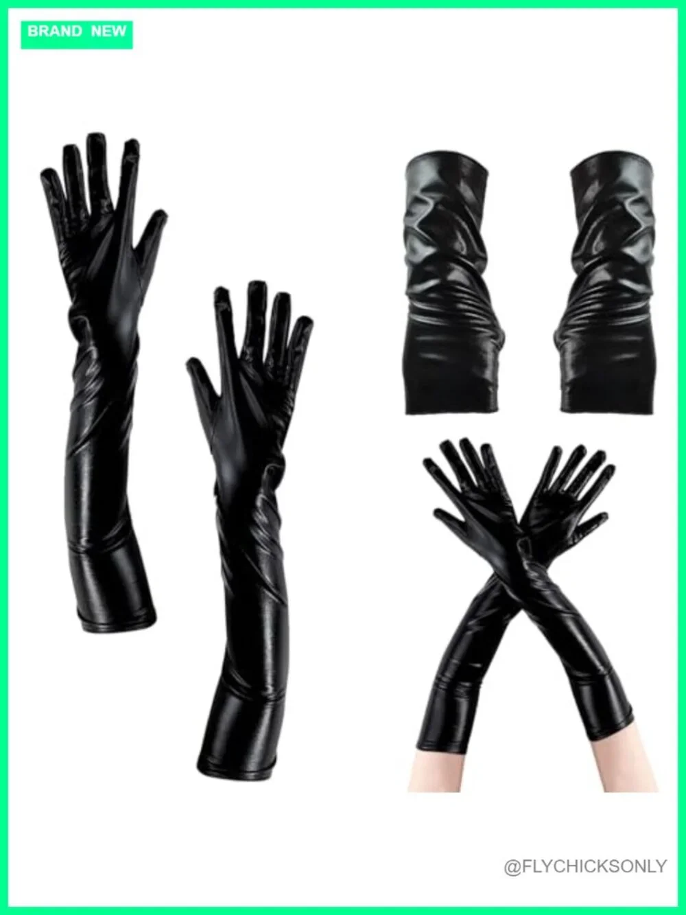Women's Faux Leather Gloves Set - Long Wet Look & Fingerless - Halloween